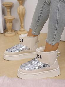 欧美风大码女士中筒靴防滑耐磨保暖靴系带通勤百搭短靴 - 白色亮片 - 查看 2