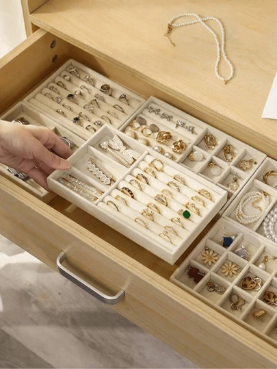 4-In-1 Velvet Jewelry Display Tray, Large Capacity Jewelry Storage Box, Separate Compartment Design, Minimalist Multi-Slot Jewelry Rack, Jewelry Tray, Stackable Drawer-Style Tray, Suitable For Earrings, Necklaces, Bracelets, Anklets, Rings, Hair Clips, Headbands, Etc.
