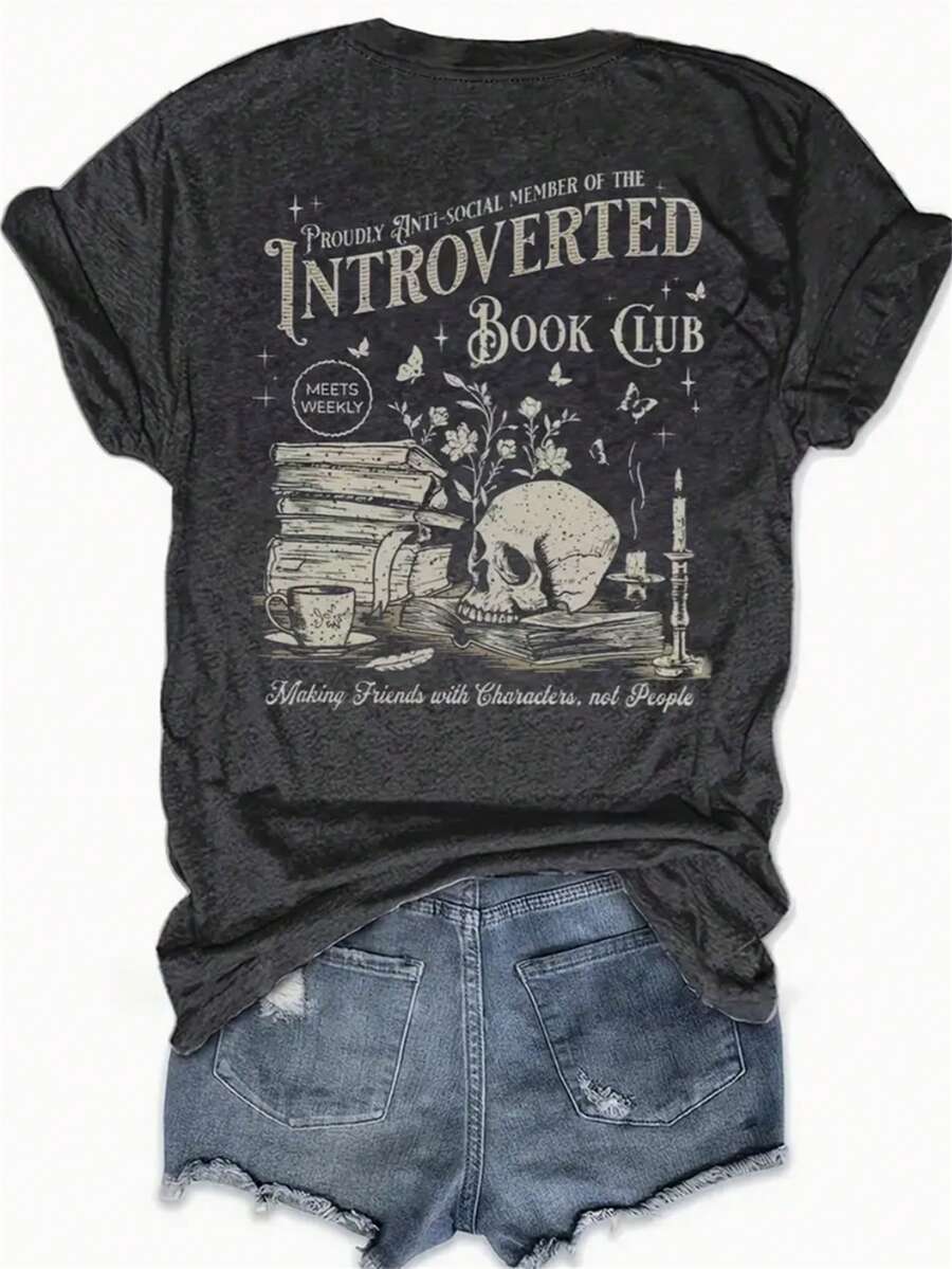 Size Skull Print Casual Short Sleeve T-Shirt - 深灰色 - 查看 1