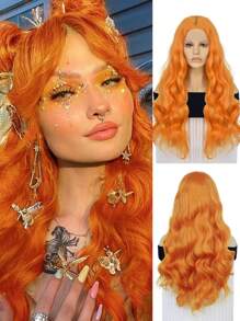 13*4*1 中分 T 型橙色紫色银灰色混合灰色合成蕾丝前假发，预拔自然发际线，女士 28 英寸长耐热蓬松波浪发高清透明蕾丝前假发 - 彩色 - 查看 14