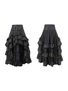 Falda steampunk para mujer con volantes escalonados, falda alta y baja, ropa victoriana y medieval, disfraz gótico de Halloween - Negro - Ver 3