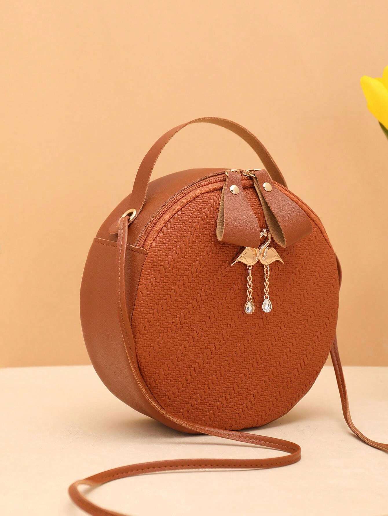 Swan Embroidery Oblique Shoulder Small Round Handbag, Black Friday