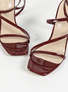 女士方头细高跟交叉绑带漆皮露趾凉鞋，性感时尚派对闪亮金色高跟鞋，春夏装扮 - 酒紅色 - 查看 7