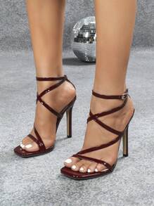 女士方头细高跟交叉绑带漆皮露趾凉鞋，性感时尚派对闪亮金色高跟鞋，春夏装扮 - 酒紅色 - 查看 3