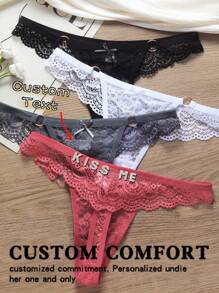 Custom Crystal Letters, Custom Text, Custom Name, Sexy Lace See-Through Low-Rise Funny Thong For Christmas Gift Customization,Bridallingerie - Multicolor - View 1