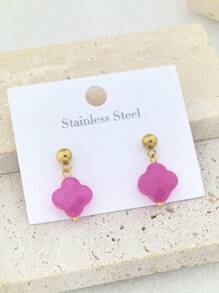 2pcs Flower Natural Stone Women 18K Gold Plated Stainless Steel Thick Stud Earrings, 4 Petal Floral Design Valentines