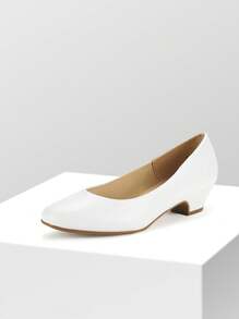 Women's Low Chunky Heel Solid Color Pumps Round Toe Comfortable Versatile Work Formal Occasions Shoes - White - View 8