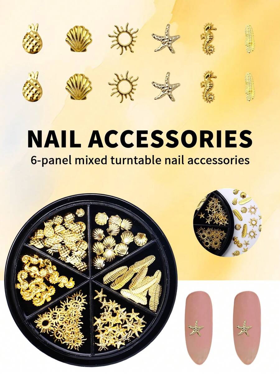 6 đinh tán kim loại màu vàng hình biển, dứa, vỏ sò, sao biển, cá ngựa, rong biển, v.v., thích hợp cho đầu móng tay, trang trí thiết kế móng tay, quần áo, trang trí điện thoại, vải, gỗ, da, giấy, dụng cụ đóng kim cương phẳng kết hợp nhiều màu - Vàng - Xem 1