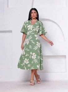 Short Sleeve Midi Dress With V-Neckline And Printed Waist - màu xanh lá - Xem 1