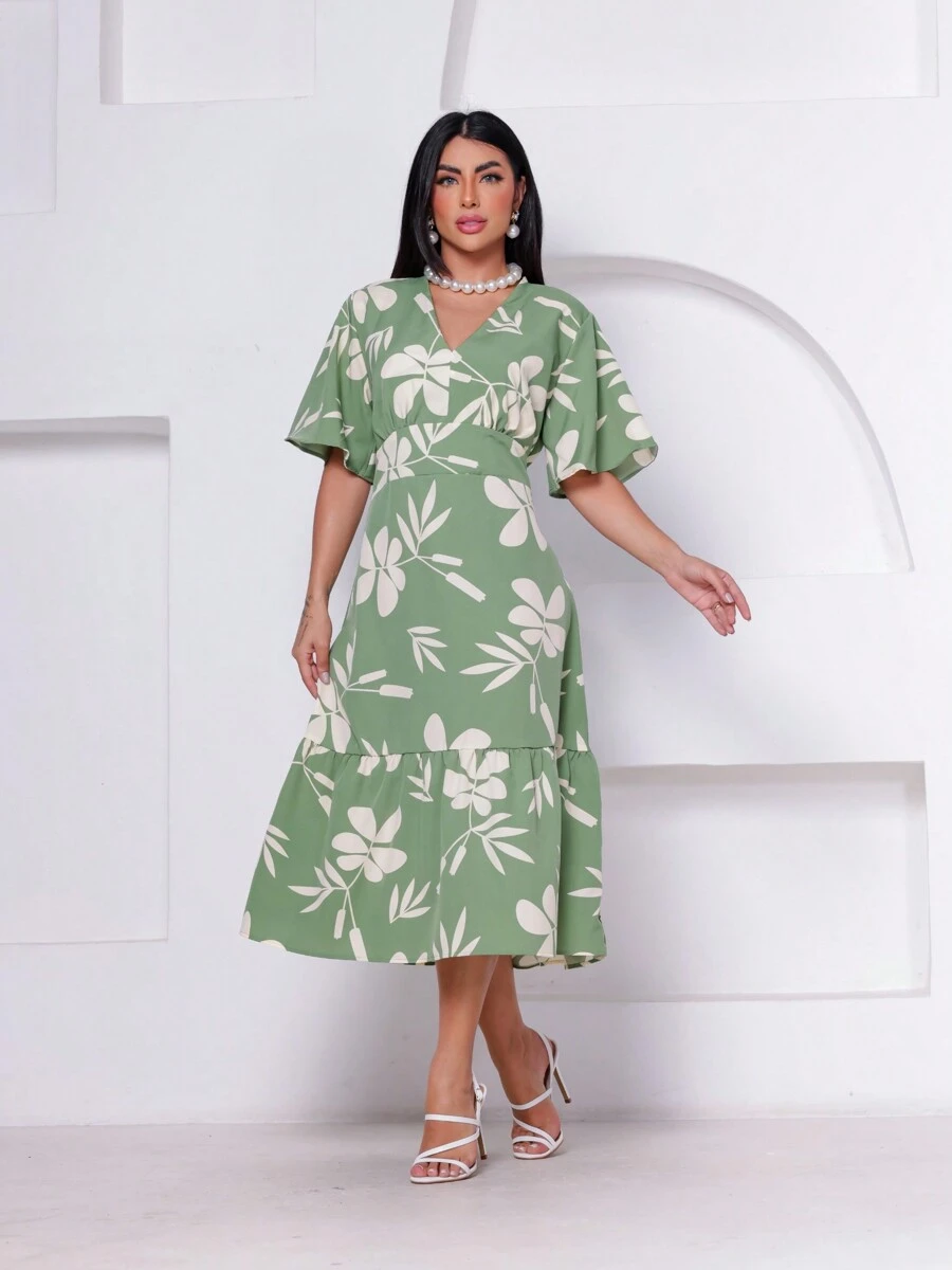 Short Sleeve Midi Dress With V-Neckline And Printed Waist - màu xanh lá - Xem 1