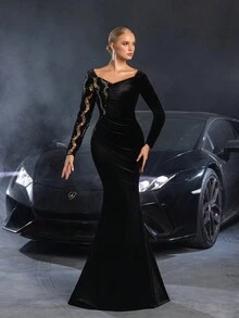 Faeriesty Elegant Mermaid Hem Contrast Sequin Velvet Evening Dress, Black Long Sleeve Formal Prom Gown, For Wedding Guest, Graduation, Dinner - Black - View 6