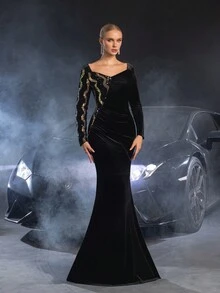 Faeriesty Elegant Mermaid Hem Contrast Sequin Velvet Evening Dress, Black Long Sleeve Formal Prom Gown, For Wedding Guest, Graduation, Dinner - Black - View 7