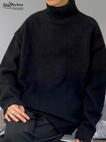 YouYuchen 大码男士时尚高领宽松针织套头毛衣 - 黑色 - 查看 1