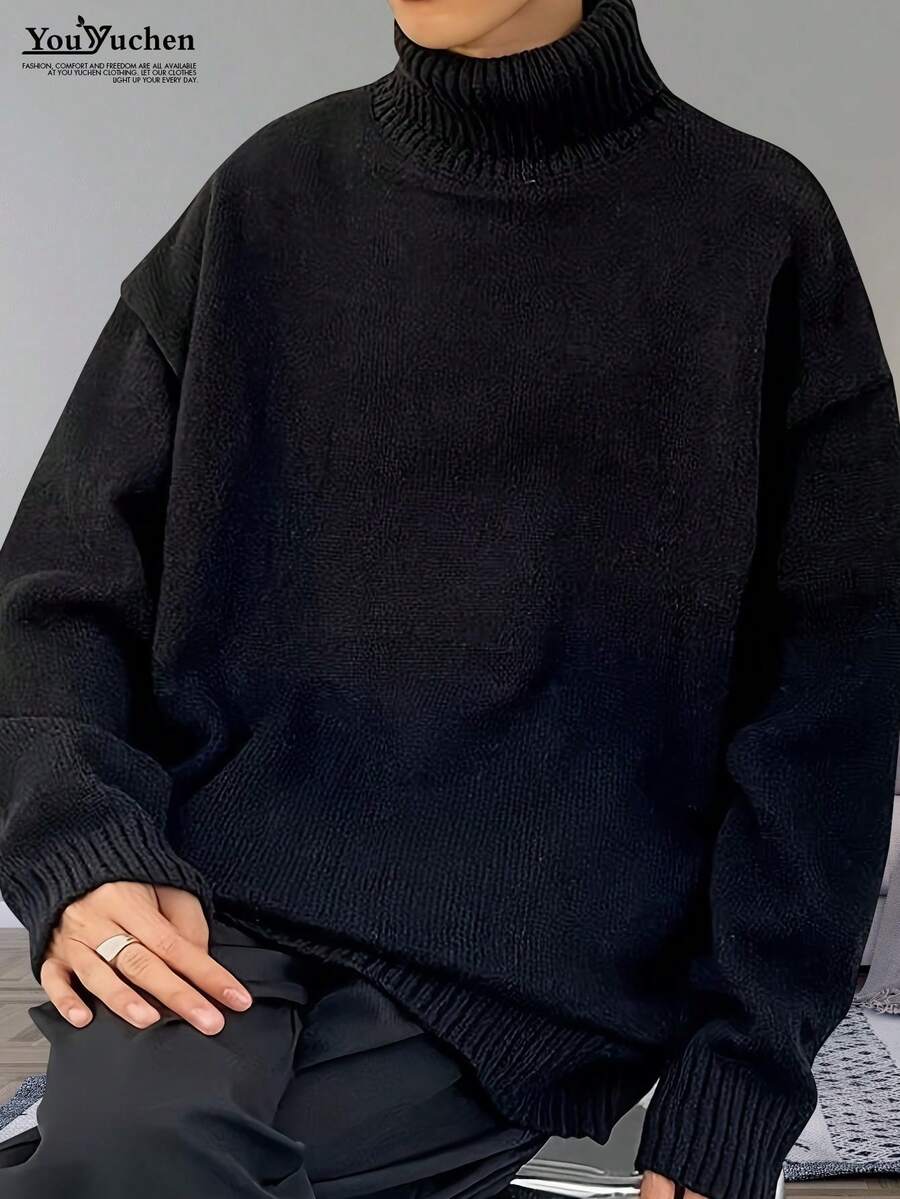 YouYuchen 大码男士时尚高领宽松针织套头毛衣 - 黑色 - 查看 1