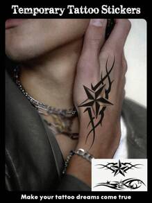 1 张酷炫黑色图腾风格临时纹身贴纸，男女皆宜，简约星星图案，防水假纹身，友谊情侣礼物，持续 2-5 天，遮盖疤痕，可用于手臂手腕肩部腿部腰部颈部手部 - 黑色 - 查看 1