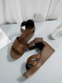 Sandalias de mujer con cuña de plataforma cómoda, correa cruzada, suela antideslizante y suave, punta redonda, unicolor con hebilla, para primavera y verano - Marrón - Ver 7