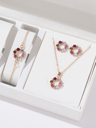 4 件/套女士彩色水钻首饰套装，时尚个性化优雅，镂空圆形吊坠项链、耳环、手链