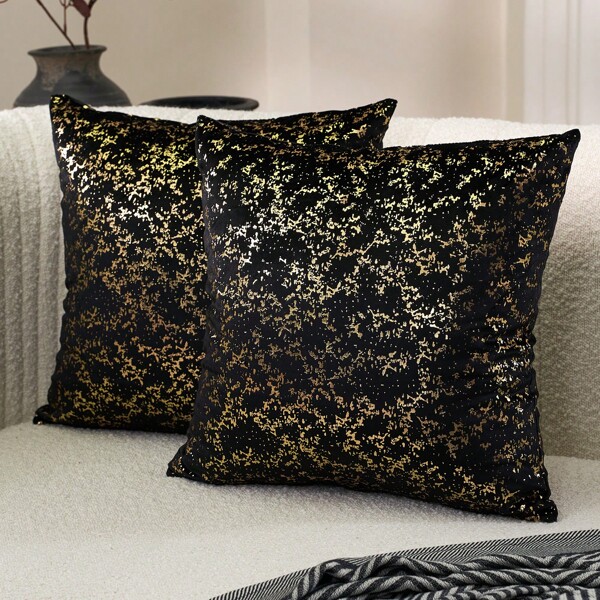 1pc Double Sided Baroque Style Gold Foil Printed Velour Cushion Cover, Without Filler. The Velour Base With Gold Foil Printing, Shimmering And Soft, Suitable For Sofa, Bed, Car, Seat, Window Bench, Loveseat, Living Room, Bedroom, Floor, Bench, Office, Cafe, Etc.