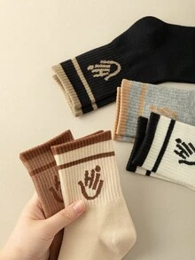 5 đôi tất cổ cao dành cho nữ có họa tiết chữ và thiết kế sọc nhiều màu, thời trang và đa năng, phong cách thủy thủ thể thao, thích hợp để mặc hàng ngày - Nhiều màu - Xem 2