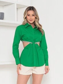 Summer Hollow Out Waist Long Sleeve Shirt - 綠色 - 查看 3