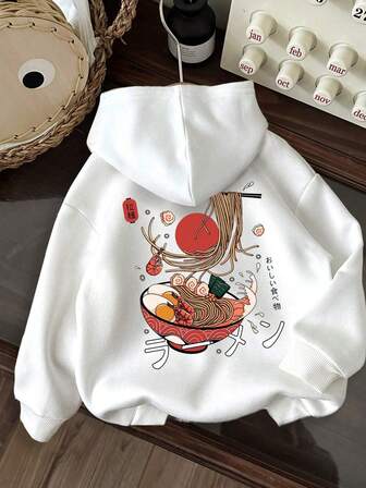 Felpa con cappuccio bianca casual con stampa di ramen