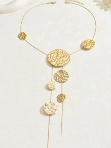 1pc Women's Y-Shape Necklace, Asymmetrical Hammered Round Pendant Geometric Long Tassel Necklace, Fashion Accessory For Casual Outfit - Golden - View 3