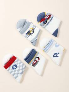 5 双/套男童中筒袜，蓝色汽车、字母、数字、条纹和方块图案。颜色有白色、蓝色、红色和黄色。弹性透气，适合冬季、雨雪天和节日。可搭配运动鞋。简约风格。 - 彩色 - 查看 8