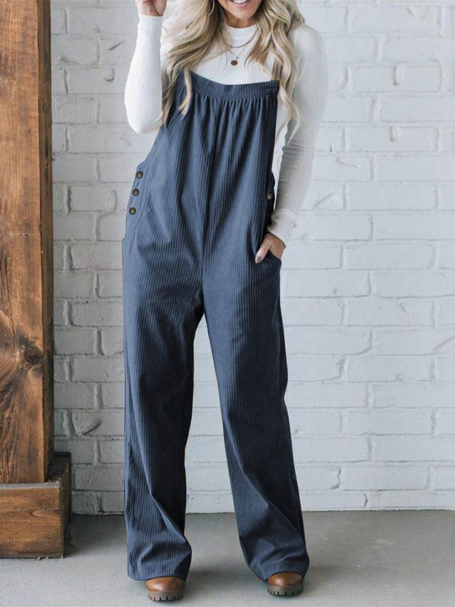 女式纯色口袋宽松灯芯绒休闲工装裤 - 水鴨藍 - 查看 1