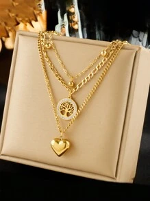 Stainless Steel Heart & Tree Of Life Rhinestone Pendant Necklace + Earrings Jewelry Set For Women, Suitable For Daily Wear, Gift - Yellow Gold - View 11
