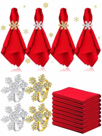 12 件金色水钻雪花圣诞餐巾环，适用于房间、餐桌、家居装饰，适用于圣诞节、派对、生日、婚礼、宴会自助餐优雅简约装饰