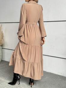 Vestido camisa con cinturón, manga linterna, volantes, unicolor - Caqui - Ver 2