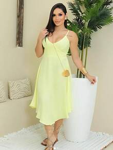 WOMEN'S MIDI DRESS WITH V-NECK AND STRAPS. - Màu vàng - Xem 3