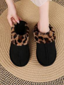 2024秋冬新款休闲舒适保暖毛绒拖鞋，豹纹印花毛绒保暖拖鞋
