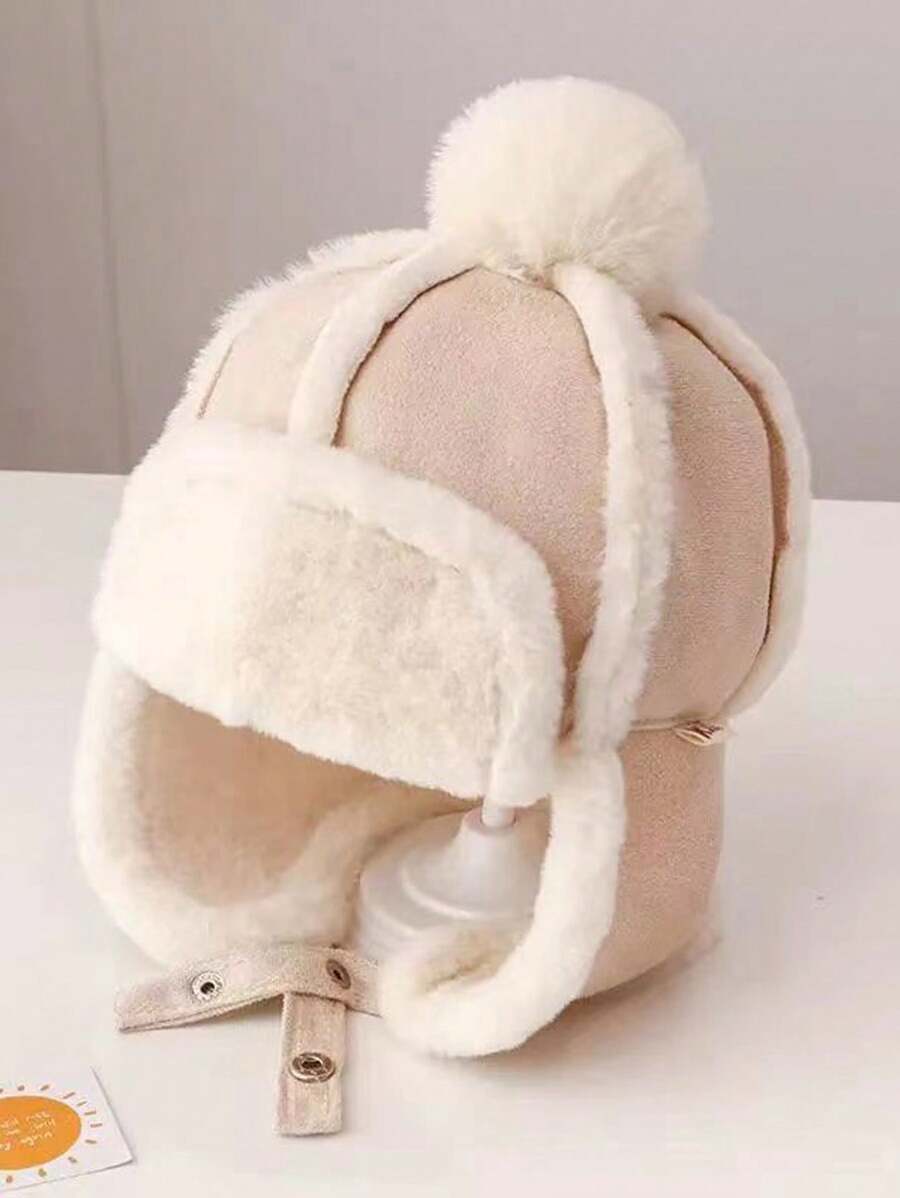 儿童保暖护耳帽，可爱毛茸茸冬季无檐小便帽，男女通用儿童加厚帽，秋冬 - 米色 - 查看 1