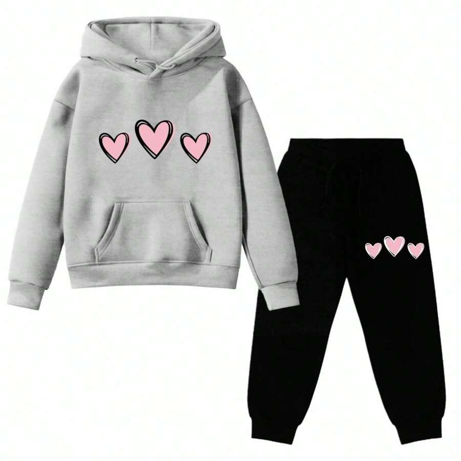 Kids Teen Urban Casual Shopping 3 Hearts Love LoveMenina Premium Kangaroo Sweatshirt Set Fast Shipping - Xám - Xem 1