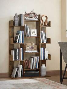 Estantería en Forma de árbol con 13 estantes de Almacenamiento, Esquinas Redondeadas, 9.8 Pulgadas de Profundidad x 33.9 Pulgadas de Ancho x 55.1 Pulgadas de Alto, café rústico - Marrón - Ver 2