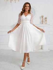 Romantic Lace Bridal Shower Dress Satin Mid Sleeve Umbrella Dress, Wedding Dress,Bride