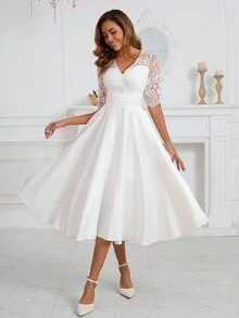 Romantic Lace Bridal Shower Dress Satin Mid Sleeve Umbrella Dress, Wedding Dress,Bride