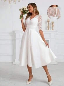Romantic Lace Bridal Shower Dress Satin Mid Sleeve Umbrella Dress, Wedding Dress,Bride