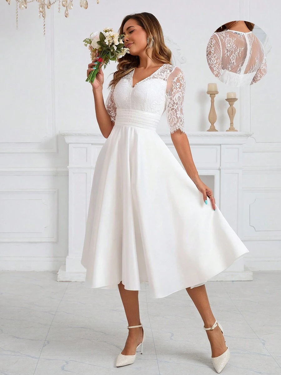 Romantic Lace Bridal Shower Dress Satin Mid Sleeve Umbrella Dress, Wedding Dress,Bride