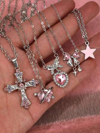 5pcs/Set Y2K Crystal Heart-Shaped, Cross, Butterfly, Heart, Bow Star Decor Necklaces, Fashionable Kpop Shiny Choker Necklace Set For Women, Girls, Valentine Gift, Party Jewelry Valentines,Mom,Mother,Mother's Day,Gift