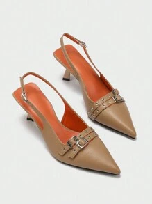 女士尖头扣带细高跟凉鞋，日常和派对穿着铆钉装饰高跟鞋 - 卡其色 - 查看 3