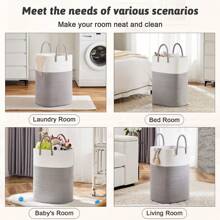 1Pc 60/80/100L Laundry Basket,Woven Cotton Rope Laundry Hamper Versatile Storage For Dirty Clothes,Baby Toys,And Blankets In Bathroom, Nursery,And Living Room - 灰色 - 查看 5