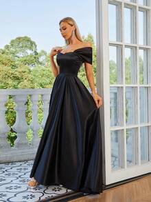 公主法式露肩优雅高端束腰连衣裙，A 字形，纯色伴娘礼服，派对礼服，婚礼宾客礼服，正式礼服，晚礼服，长袍 - 黑色 - 查看 4