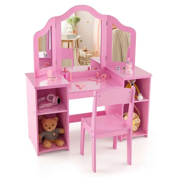Homasis Kids Vanity 2 In 1 Princess Makeup Desk & Chair Set Safe Tri-Fold Mirror