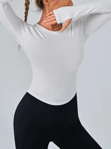 T-shirt casual, fitness, sport extérieur, extensible et doux, à manches longues, col rond, couleur unie, pour femmes, printemps/été