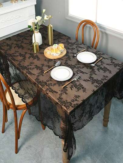 1 pieza Mantel rectangular estilo francés vintage con borde de encaje hueco tejido, tapete de mesa de comedor, cubierta de mesa de té, cubierta decorativa estilo francés para decoración del hogar