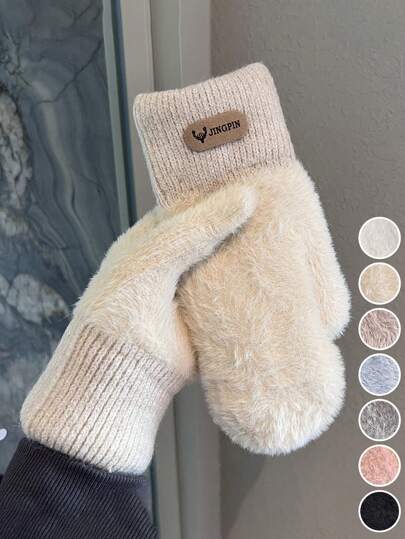 1 Pair Double Layered Velvet Thickened Warm Gloves Solid Color Versatile Cold Protection Gloves For Outdoor Cycling Winter Warm Unisex Plush Lining Mittens Birthday Christmas Gifts