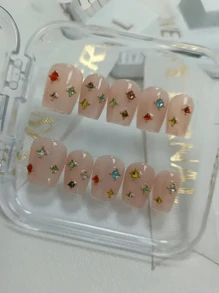 10 peças de adesivos de unhas minimalistas com strass, nude curto, arte de unha decorativa feita à mão, adequados para uso diário, unhas de pressão, suprimentos para unhas - Multicolorido - Ver 1