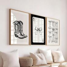 Set von 3 ungerahmten Postern im Westernstil mit schwarzen Schleifen und Cowgirlstiefeln, retro, Preppy-Kunst, Girlie-Zimmer-Dekoration, minimalistische Leinwandmalerei, Muster, funkiger Vintage-Wandbild, ideal als Geschenk für Studentenwohnheim, Apartment, Mädchenzimmer, Schlafzimmer, Wohnzimmer, moderne Heimdekoration